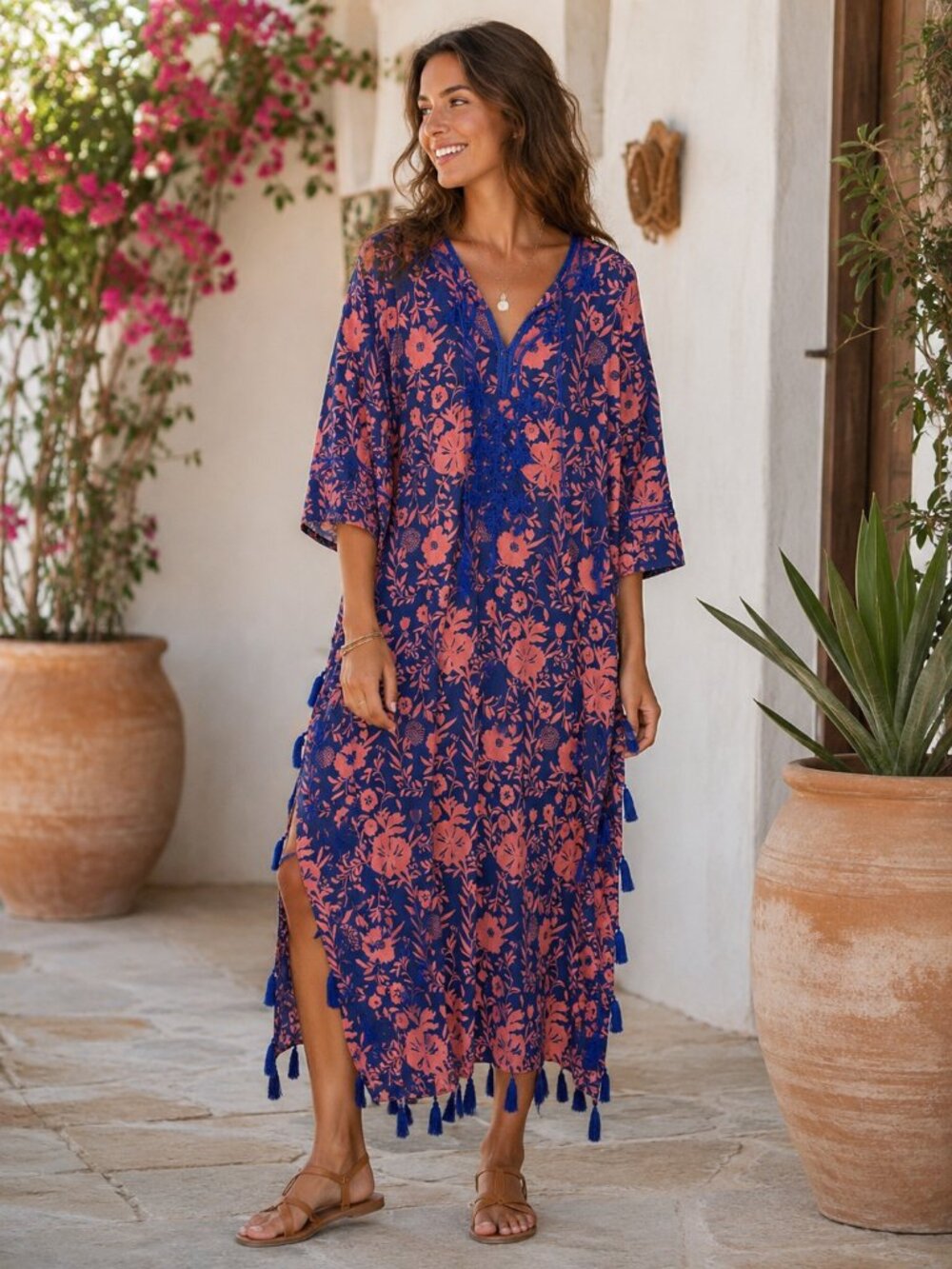 Roller Rabbit Pink Blue Floral Boho Hippie Embroidered Tassel Cotton Maxi Kaftan